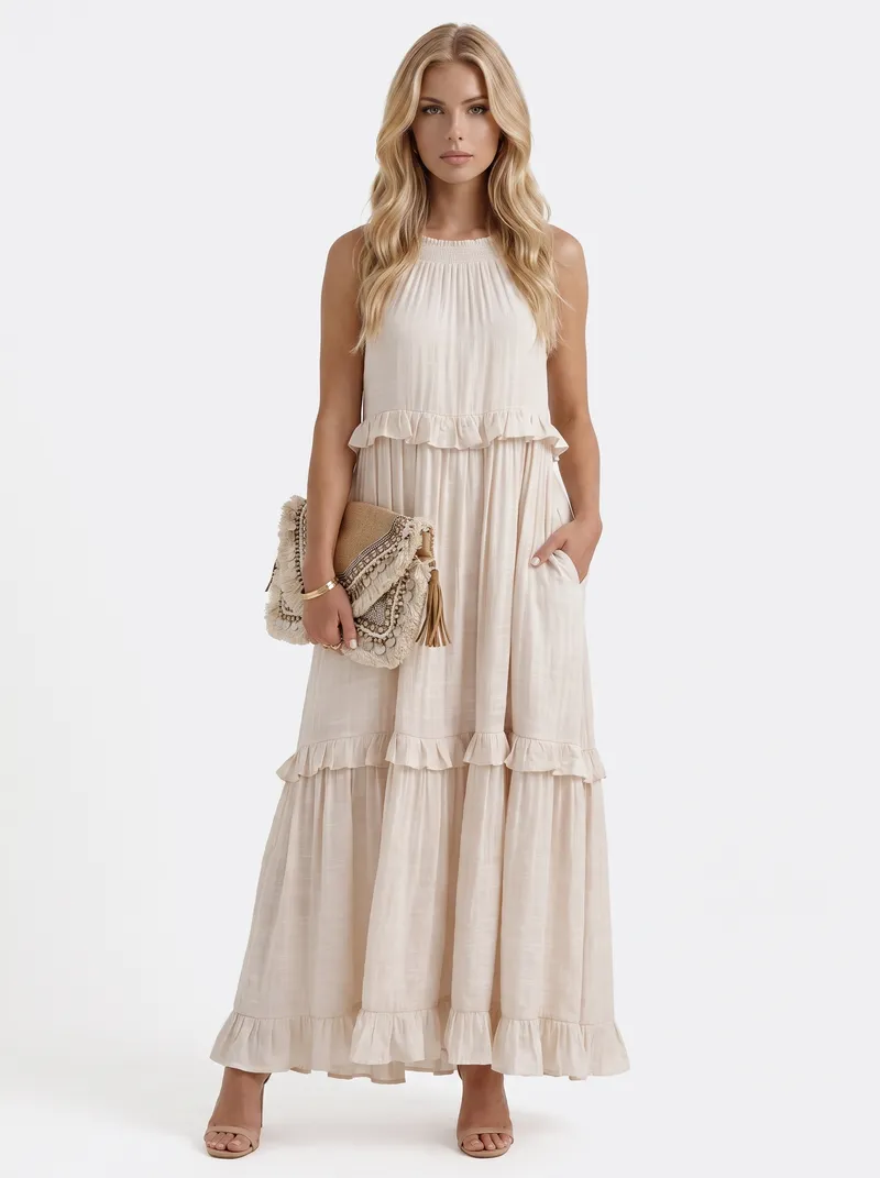 Thea Tiered Maxi Dress - Apricot