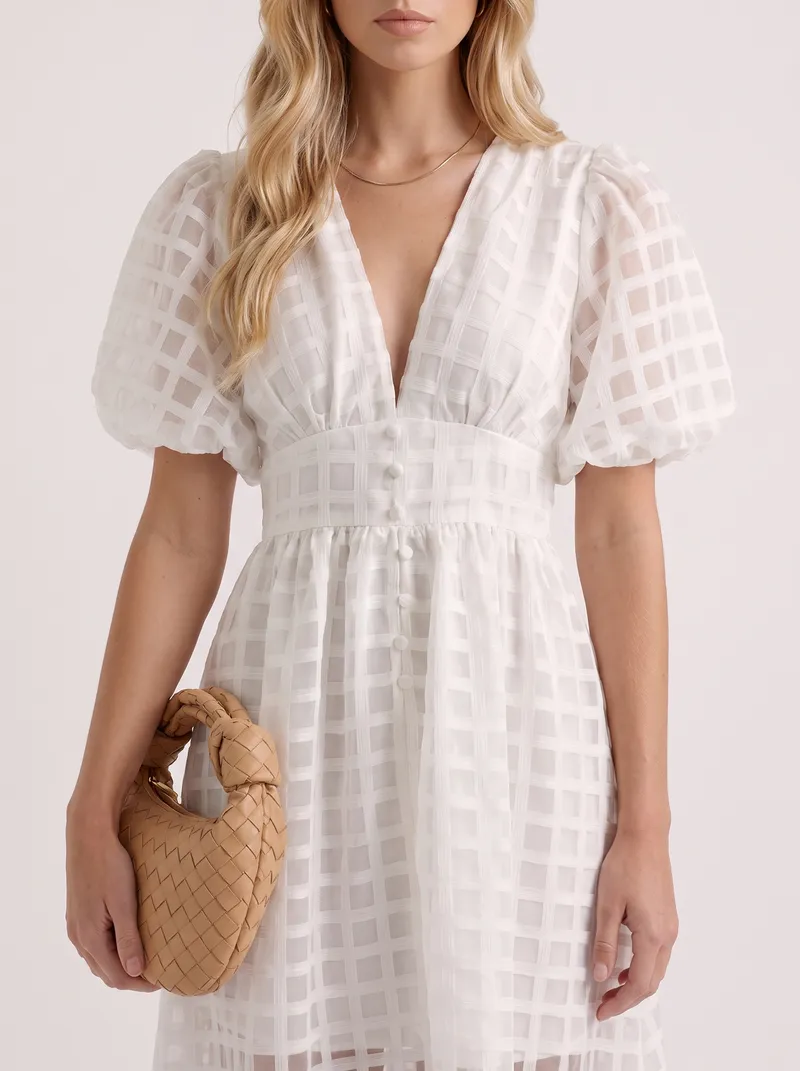 Colette Windowpane Midi Dress - White