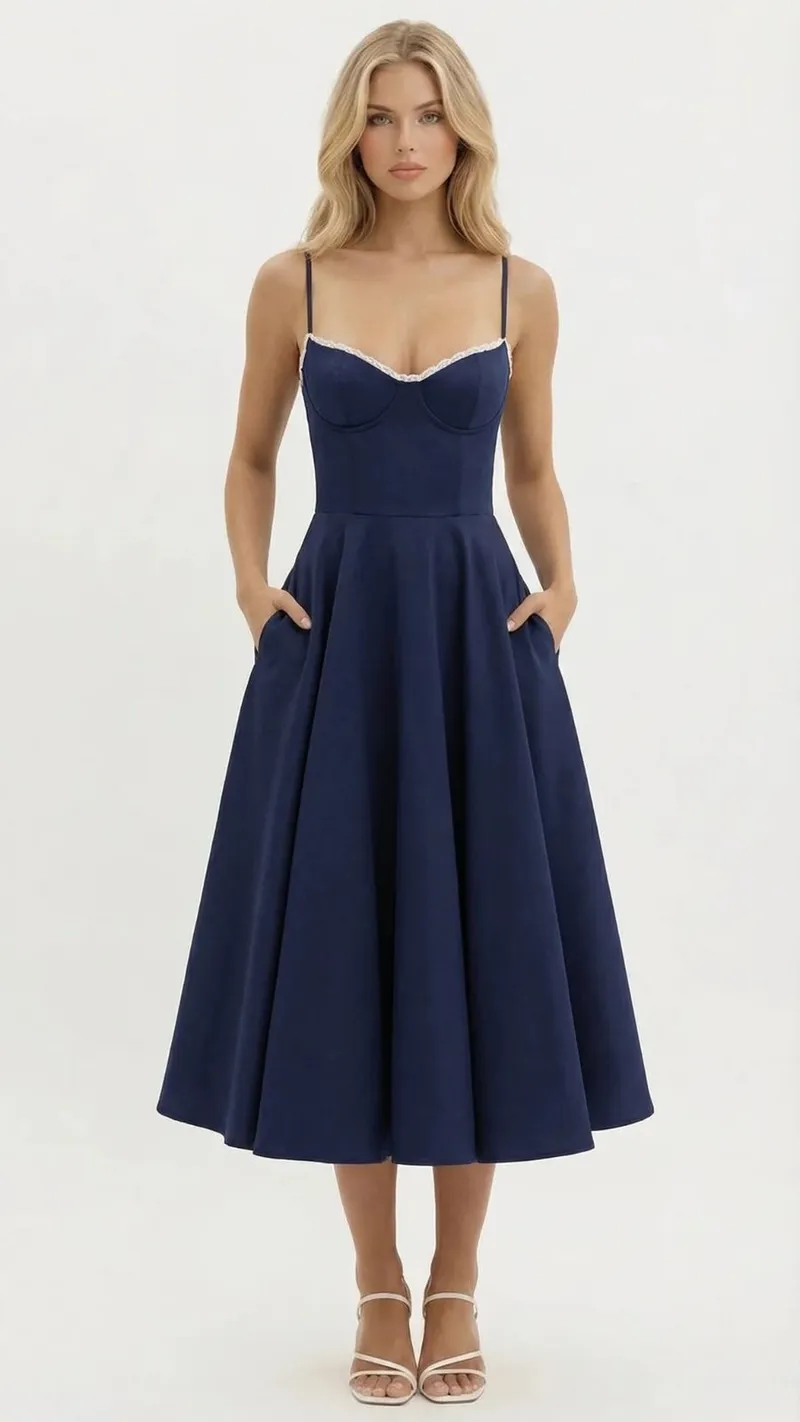 Selene Sweetheart Midi Dress - Navy