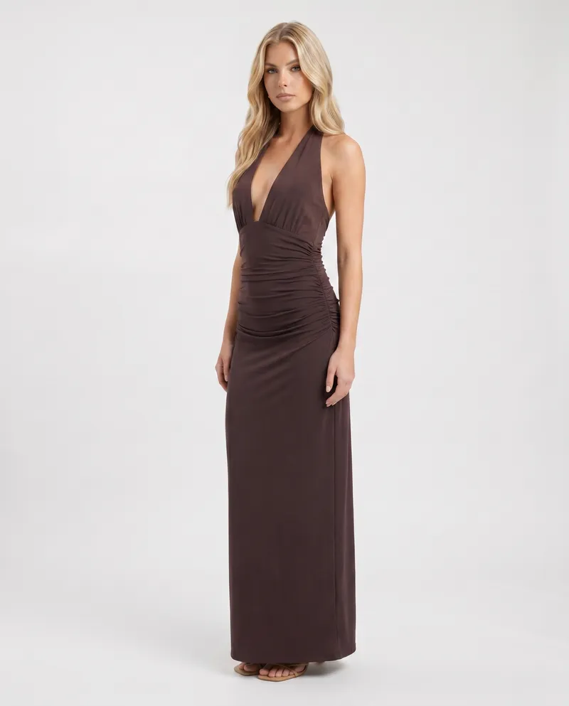 Megan Plunge Maxi Dress - Brown