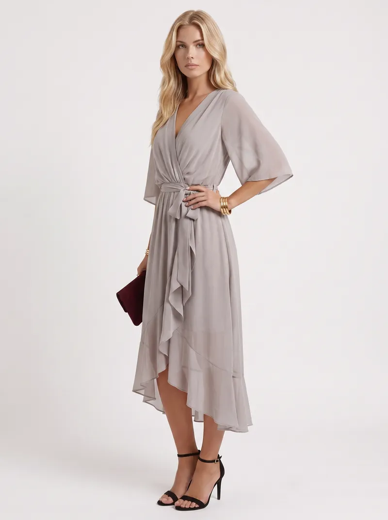 Lucienne Wrap Midi Dress - Grey