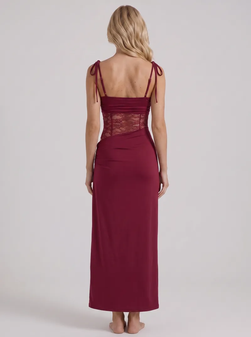 Maren Lace Panel Bodycon Maxi Dress - Burgundy
