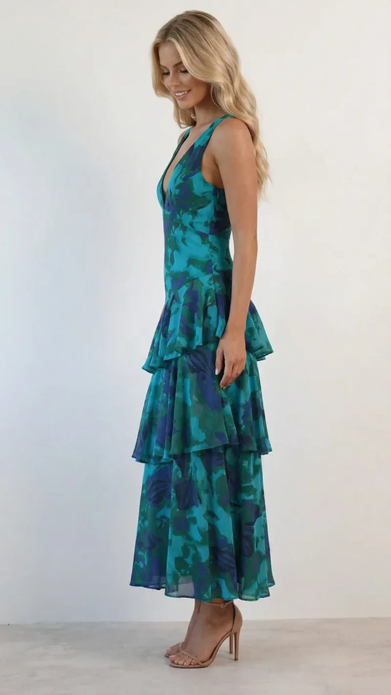 Penelope Ruffle Maxi Dress - Turquoise