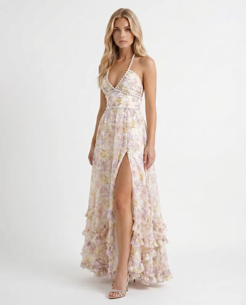 Bianca Ruffle Maxi Dress - Champagne Meadow