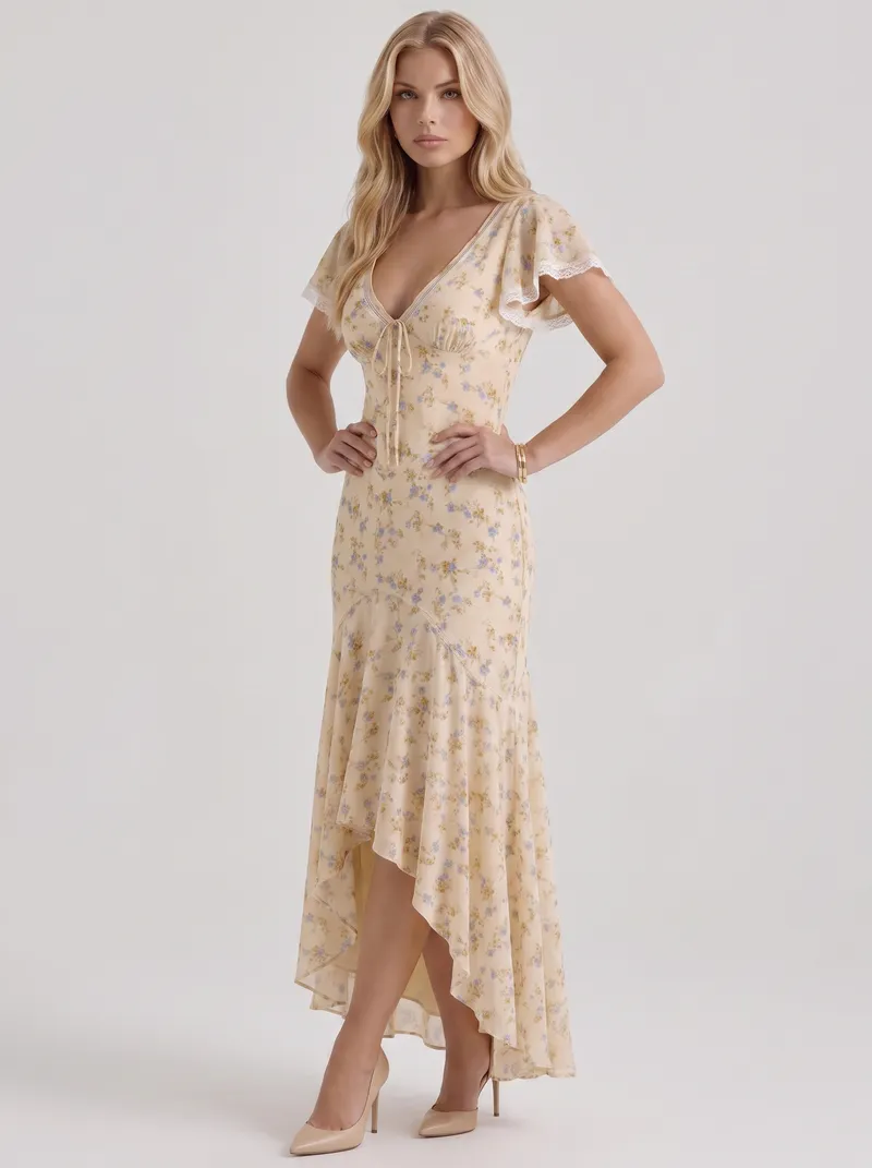 Amina Floral V Neck Maxi Dress - Buttercream Yellow
