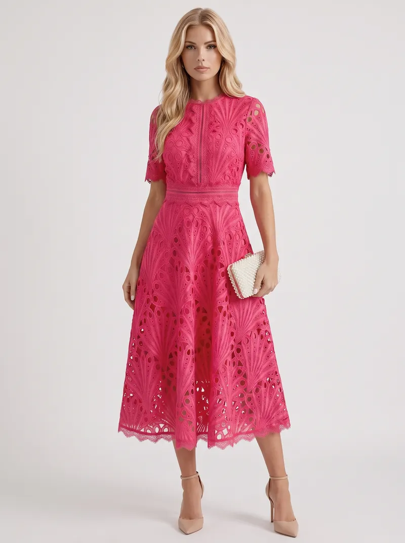 Clarisse Lace Midi Dress - Fuchsia