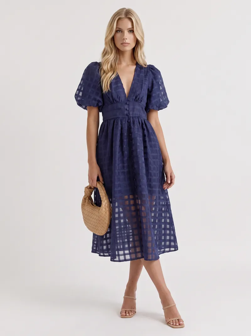 Colette Windowpane Midi Dress - Navy