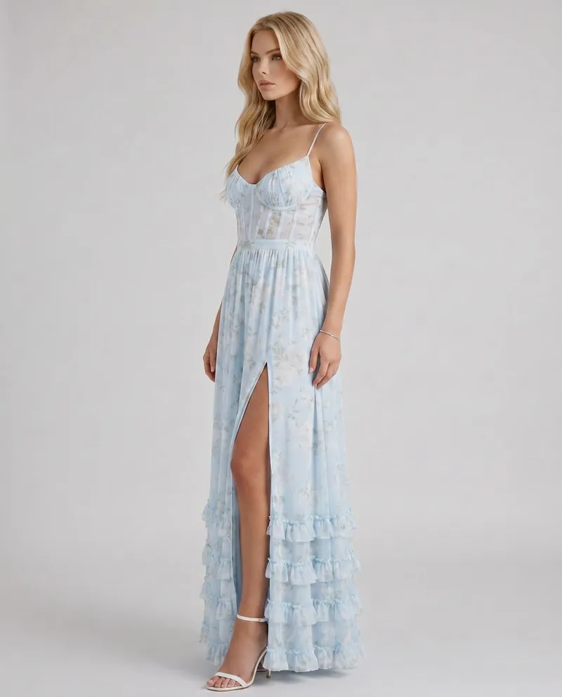 Dahlia Floral Corset Maxi Dress - Blue