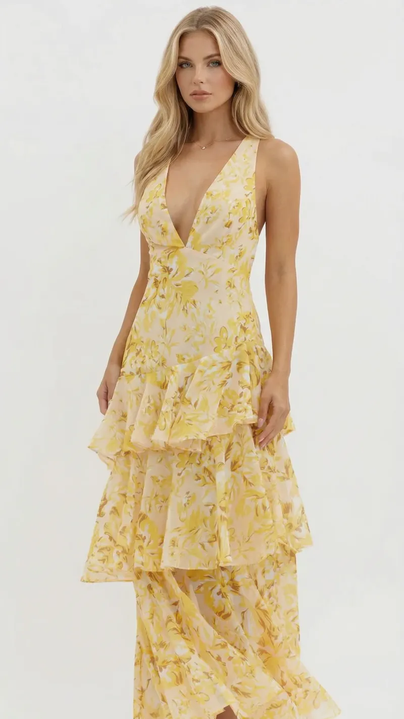 Penelope Ruffle Maxi Dress - Yellow