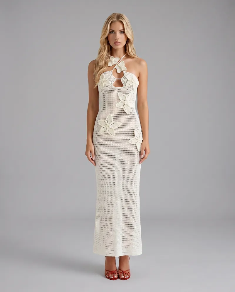 Kyla Crochet Halter Maxi Dress - White