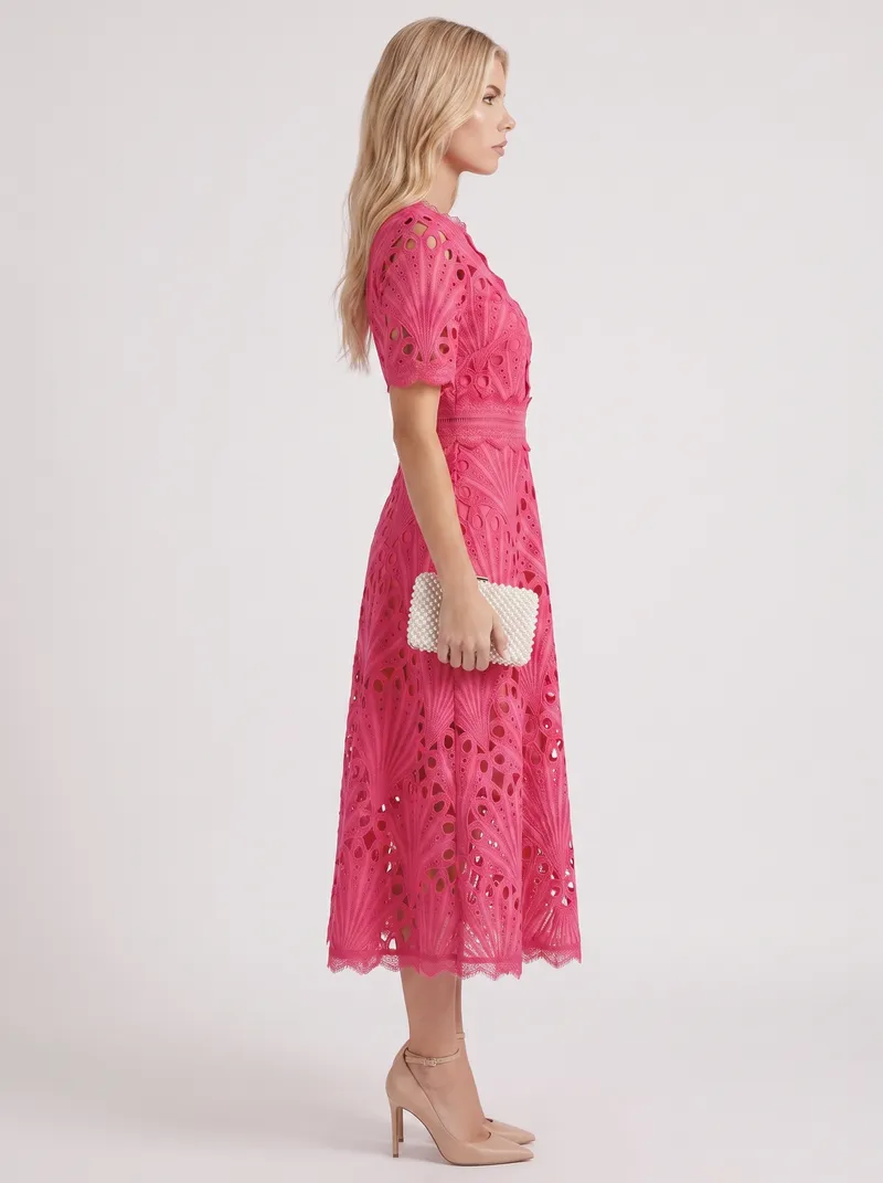 Clarisse Lace Midi Dress - Fuchsia