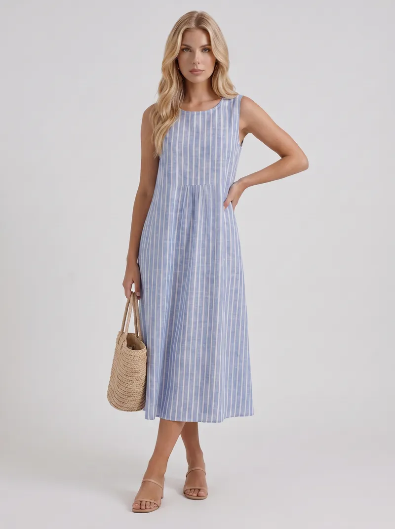 Elara Printed Midi Dress - Light Blue Stripe