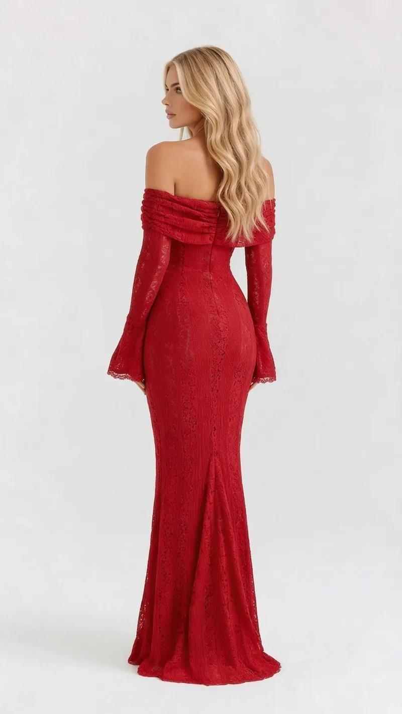 Rebekah Lace Off-Shoulder Maxi Dress - Red