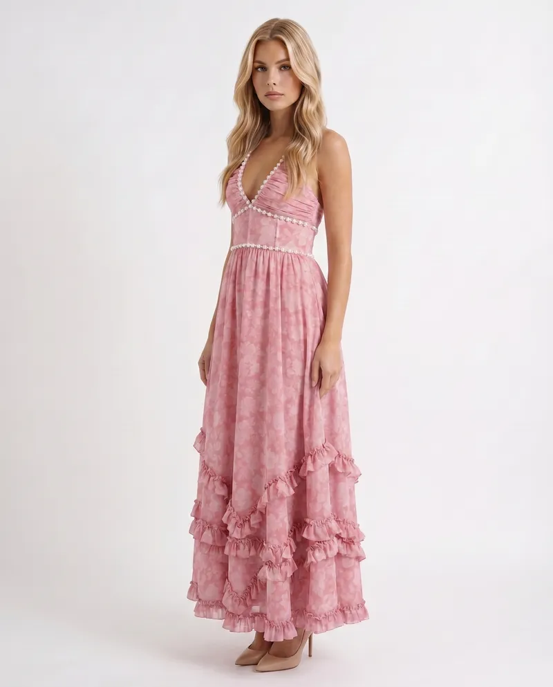 Bianca Ruffle Maxi Dress - Blush Petal