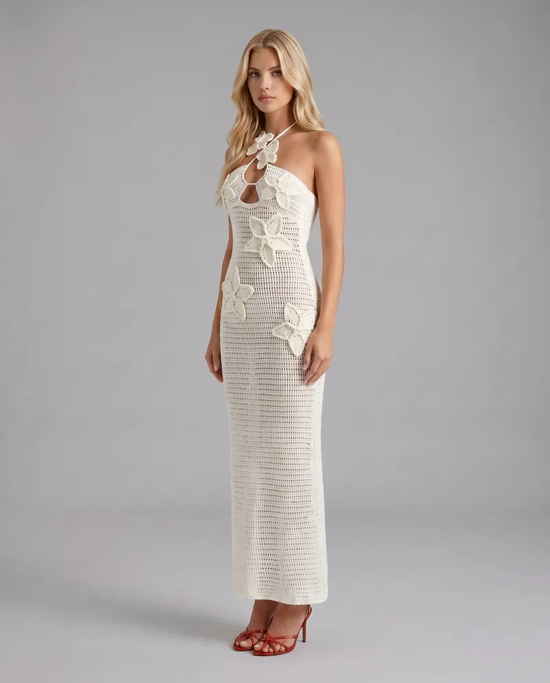 Kyla Crochet Halter Maxi Dress - White
