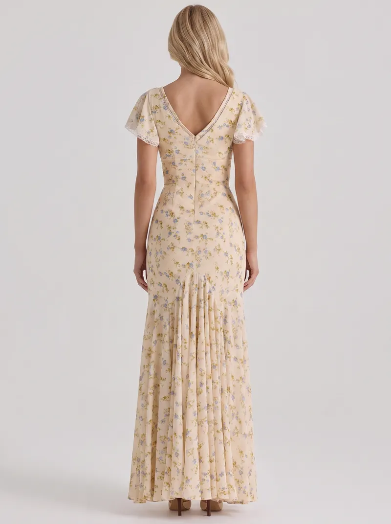 Amina Floral V Neck Maxi Dress - Buttercream Yellow