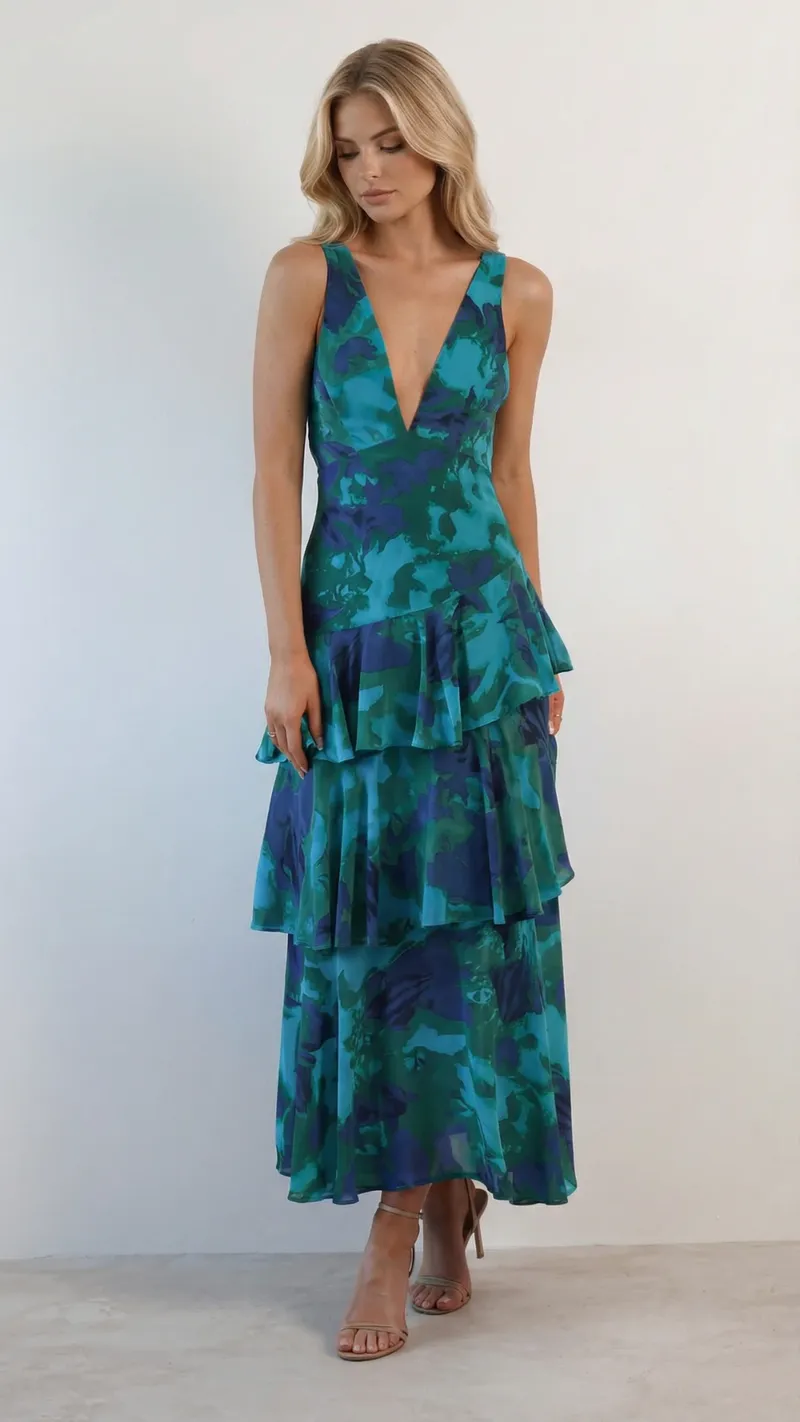 Penelope Ruffle Maxi Dress - Turquoise