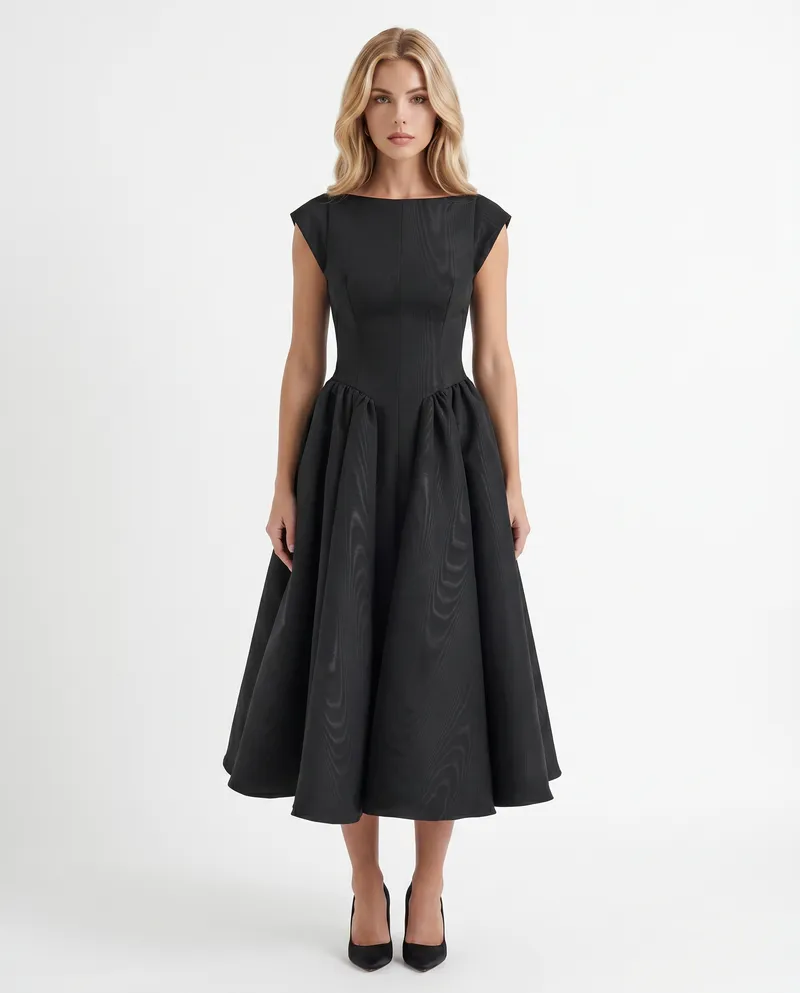 Anna Flare Midi Dress - Black