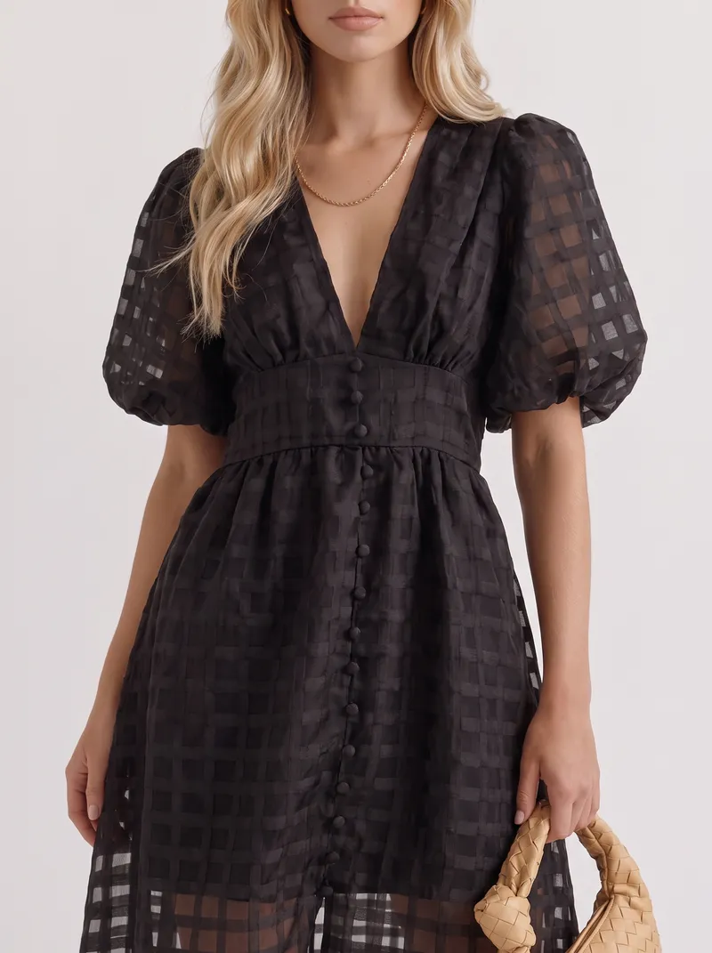 Colette Windowpane Midi Dress - Black