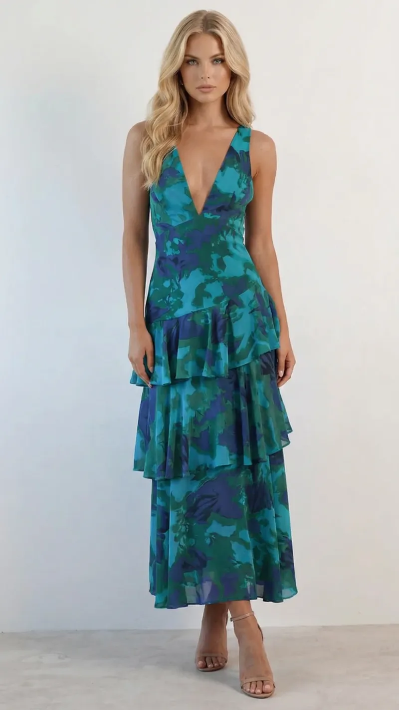 Penelope Ruffle Maxi Dress - Turquoise