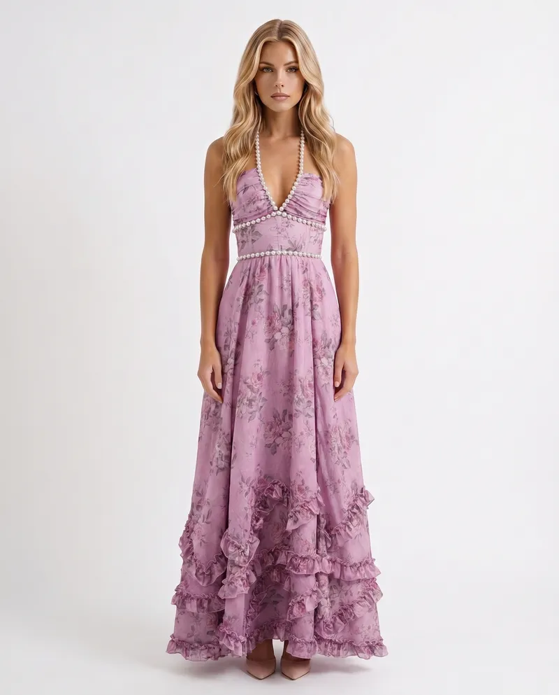 Bianca Ruffle Maxi Dress - Purple