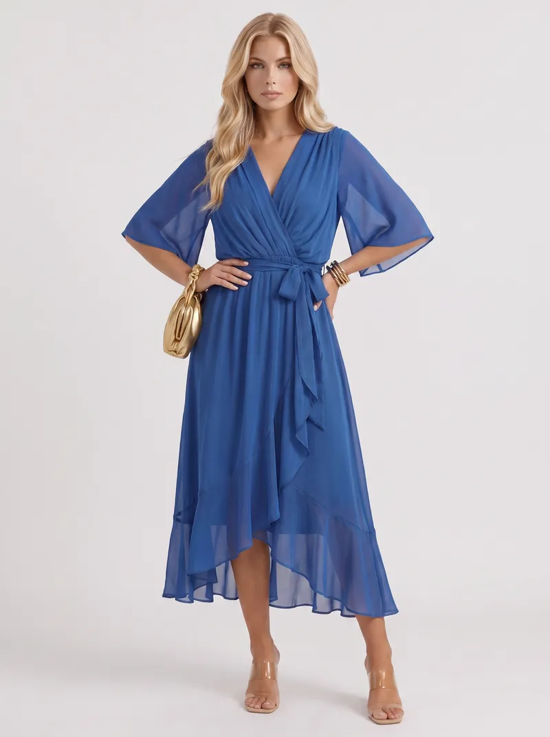 Lucienne Wrap Midi Dress - Blue