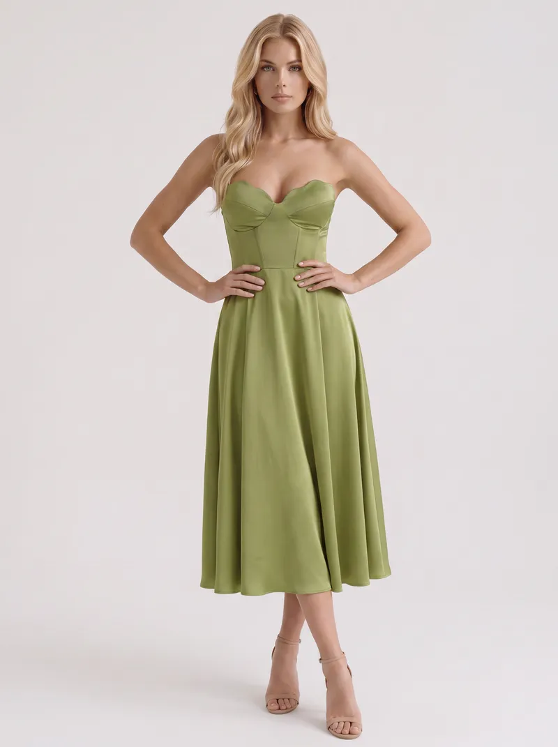 Hazel Sweetheart Midi Dress - Green