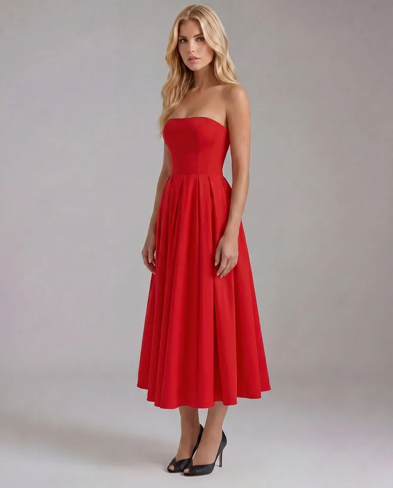 Juliana Strapless Midi Dress - Red