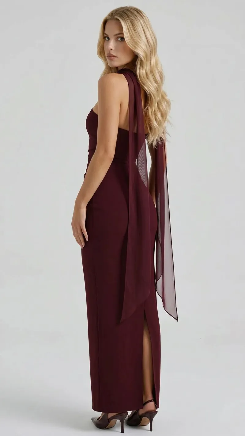 Francisca Bandage Mesh Sash Maxi Dress - Burgundy
