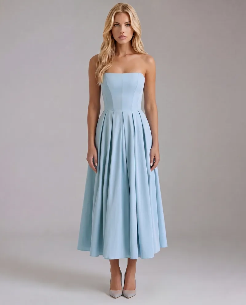 Juliana Strapless Midi Dress - Blue