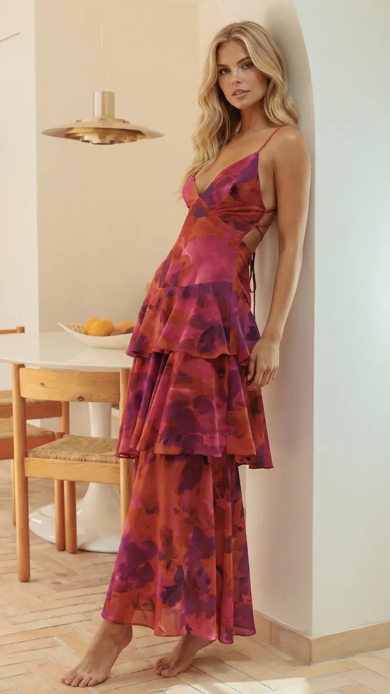 Penelope Ruffle Maxi Dress - Dark Red