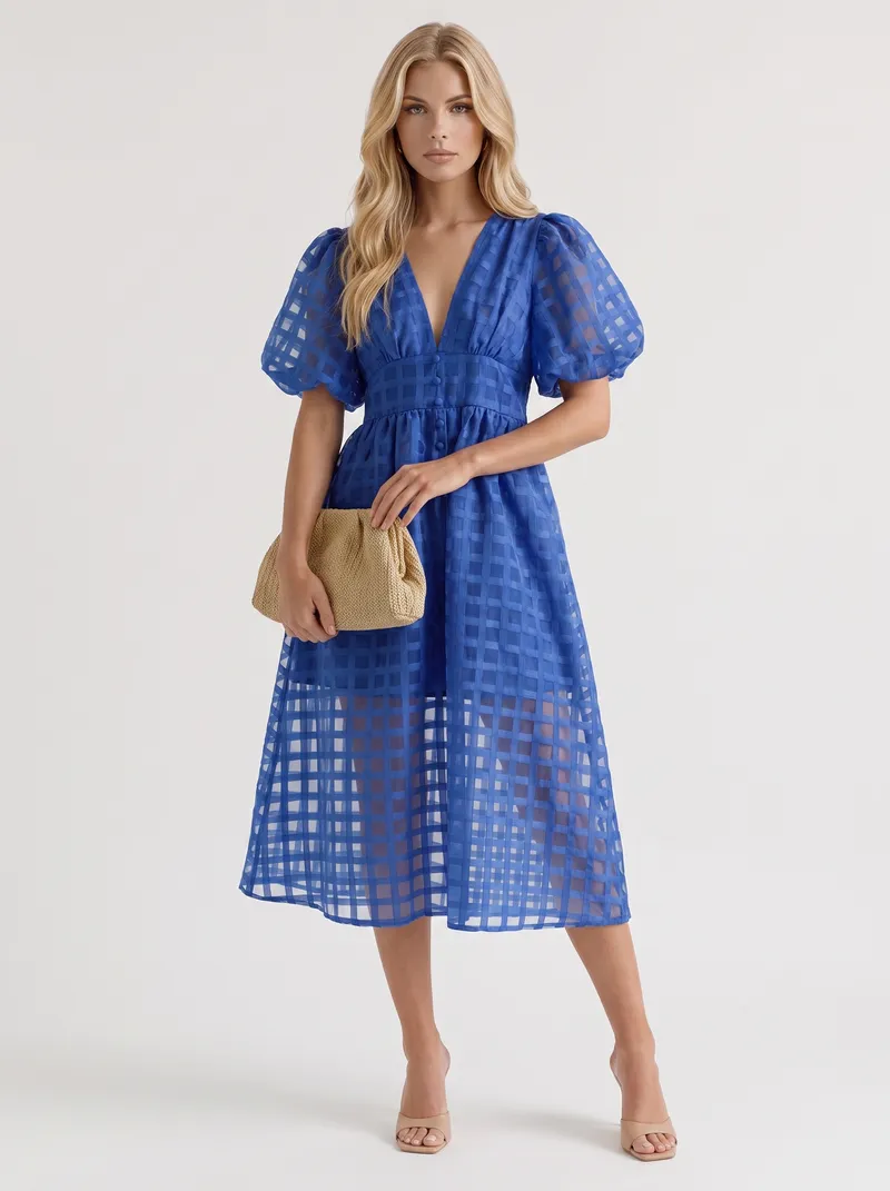 Colette Windowpane Midi Dress - Blue