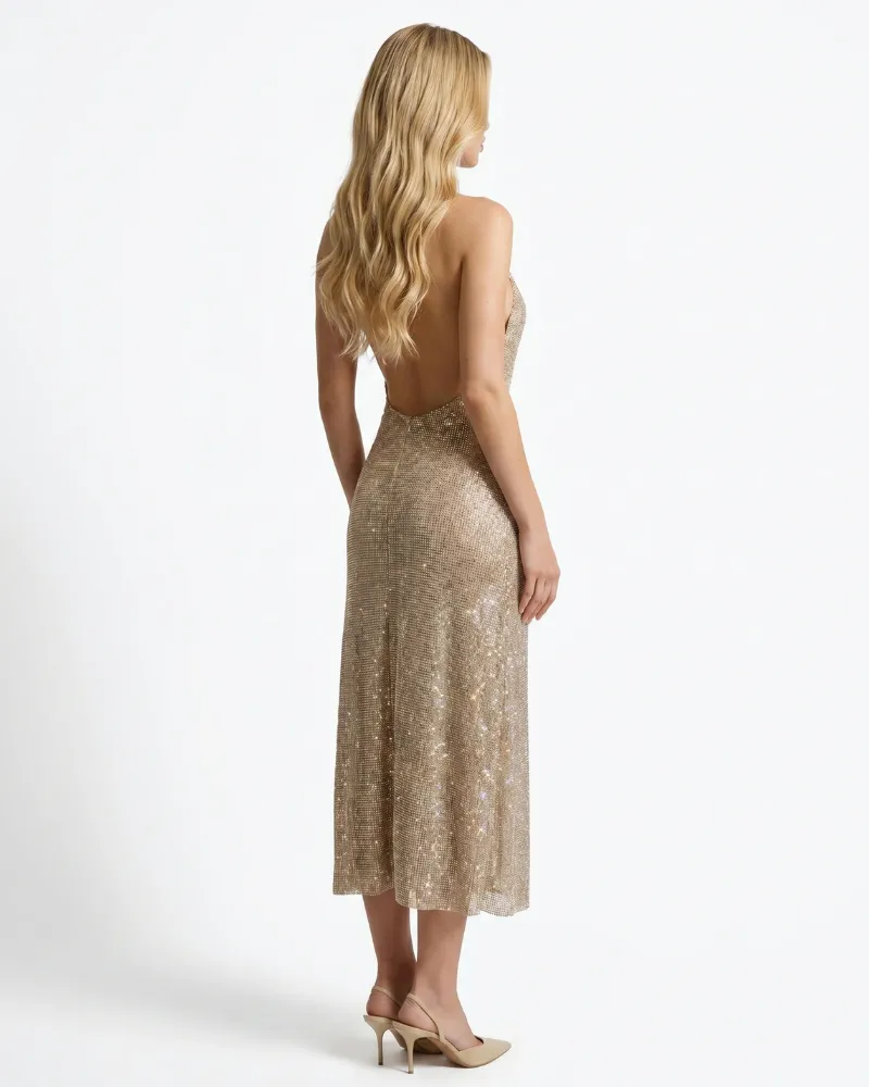 Emily Sequin Midi Dress - Rose Gold