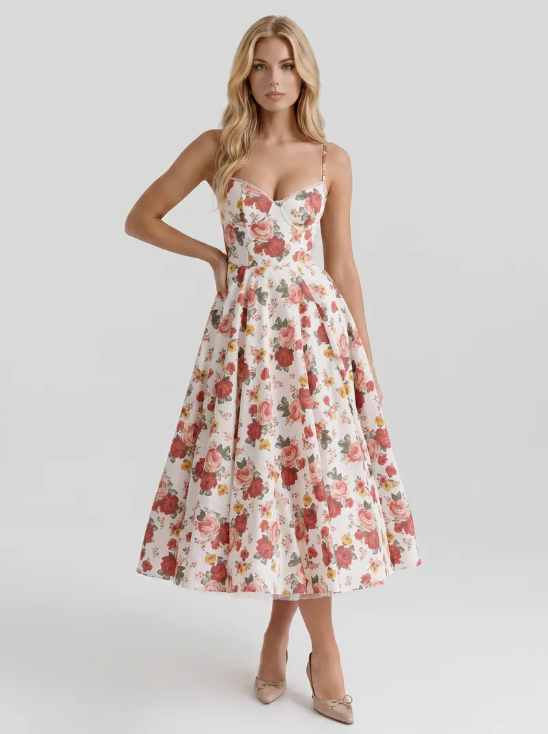 Estelle Sweetheart Corset Midi Dress - Floral