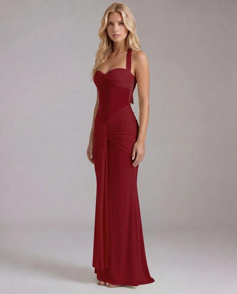 Victoria Ruched Maxi Dress - Red