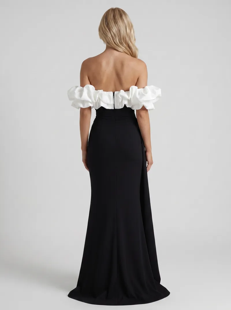 Mira Off Shoulder Ruffle Bardot Bodycon Maxi Dress - Black & White
