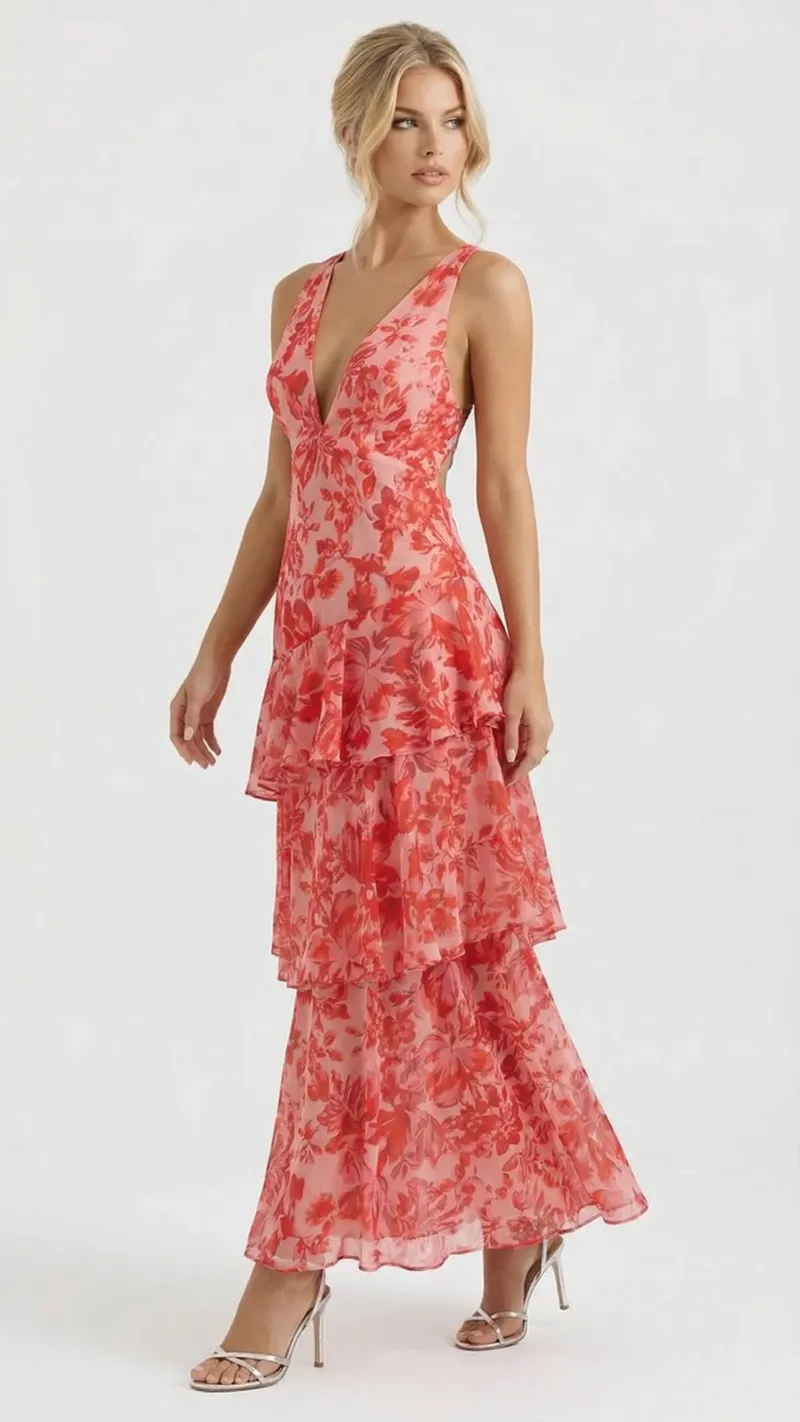 Penelope Ruffle Maxi Dress - Red