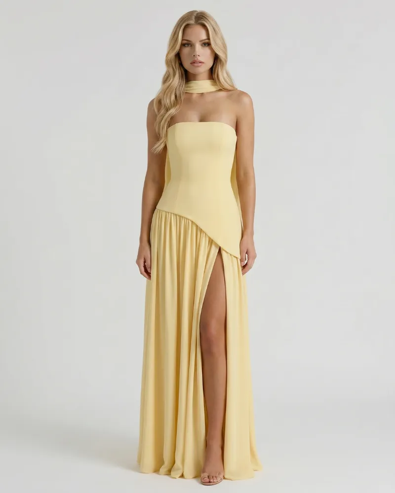 Genevieve Strapless Asymmetric Maxi Dress - Yellow