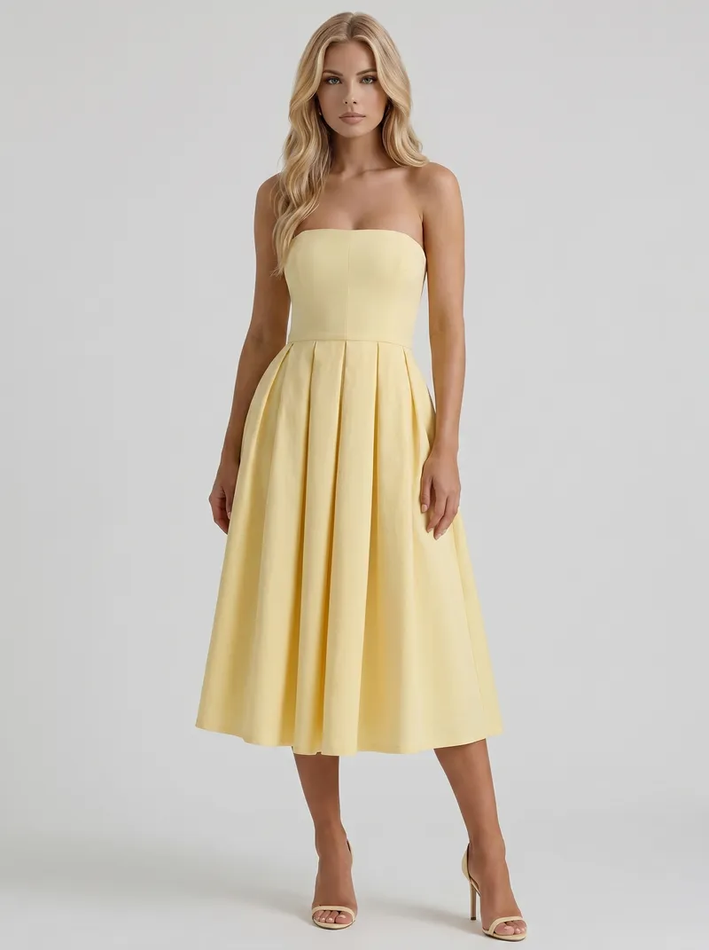 Audrey Strapless Pleated A Line Midi Dress - Lemon