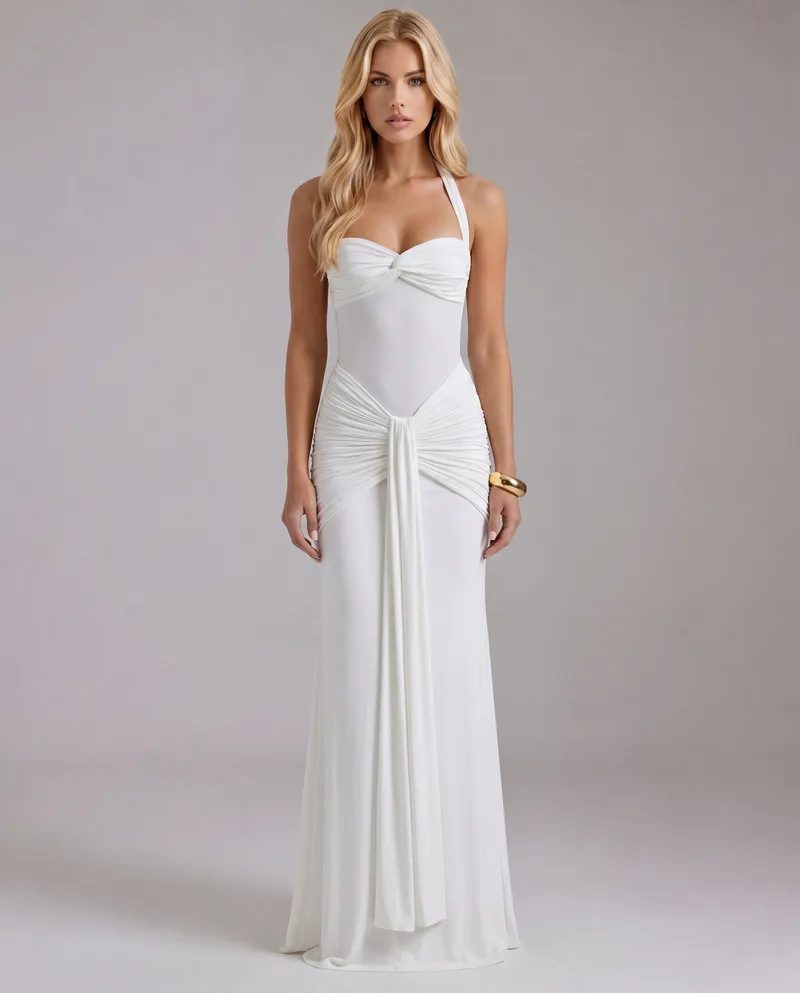 Victoria Ruched Maxi Dress - White