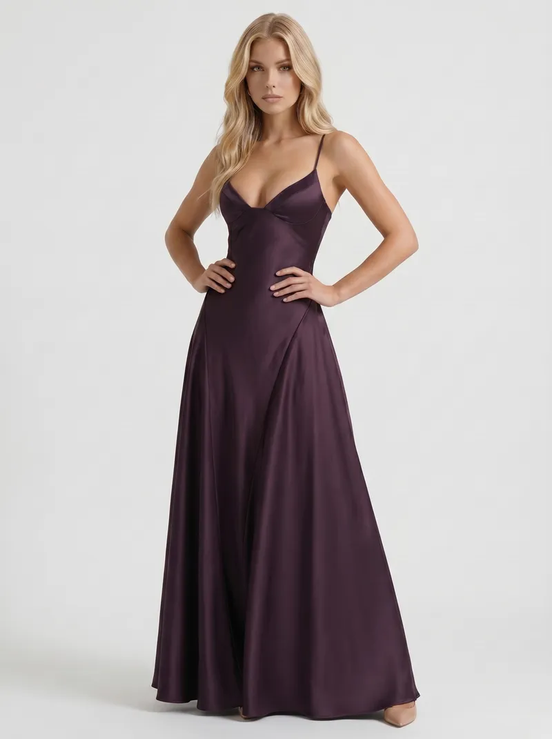 Adelaide V Neck Satin A Line Maxi Dress - Plum