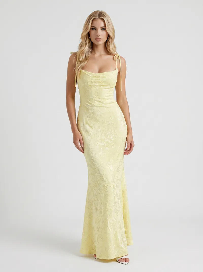 Aria Cowl Neck Textured Satin Bodycon Maxi Dress - Lemon