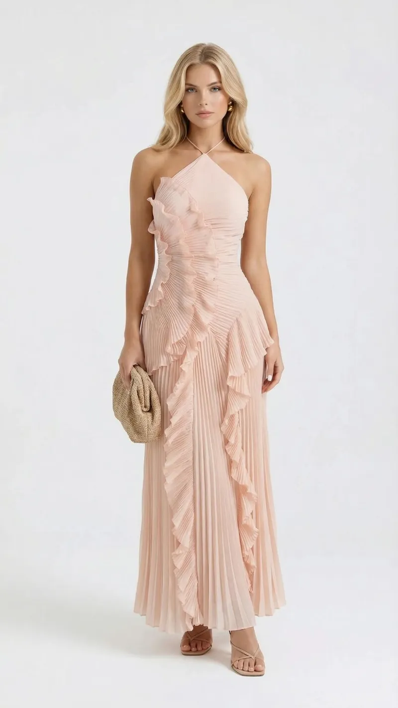 Nathalie Ruffle Maxi Dress - Pink