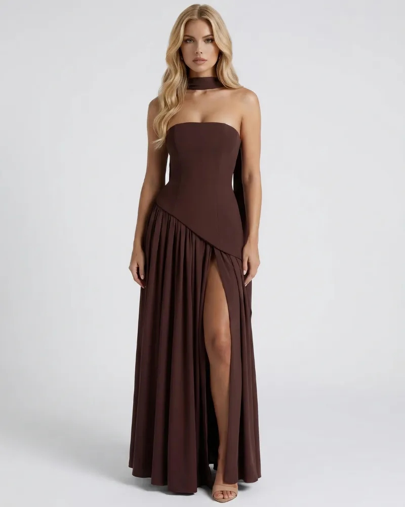 Genevieve Strapless Asymmetric Maxi Dress - Brown