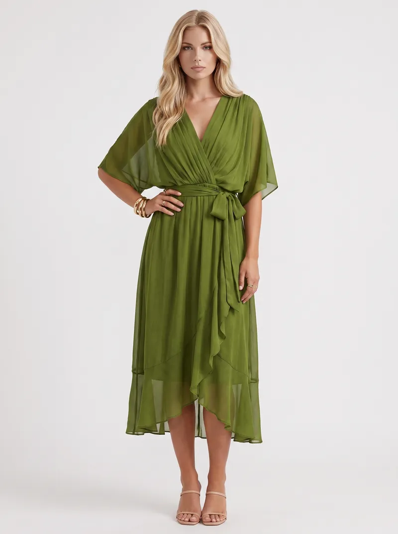 Lucienne Wrap Midi Dress - Olive Green
