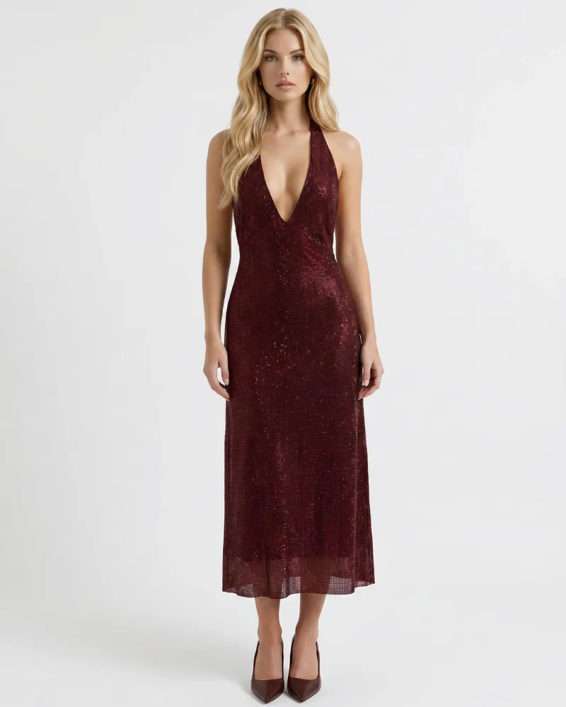 Emily Sequin Midi Dress - Burgundy