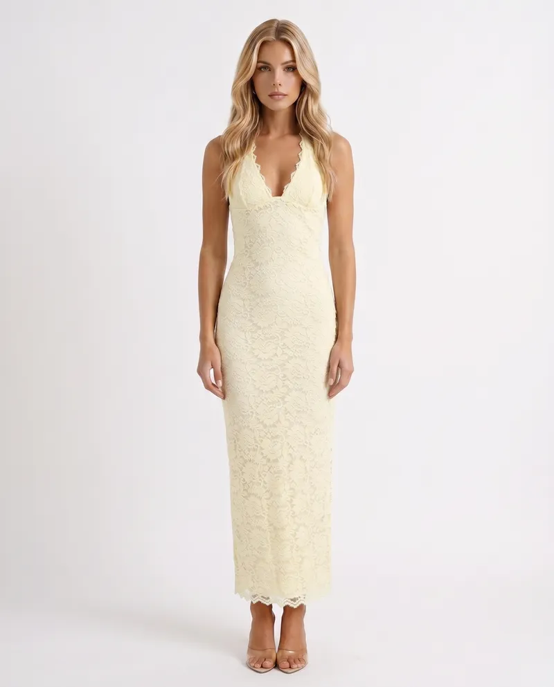 Liliana Scallop Maxi Dress - Lemon