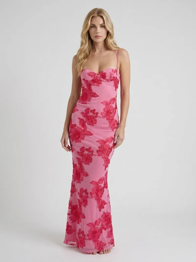 Chloe Floral Mesh Bodycon Maxi Dress - Pink