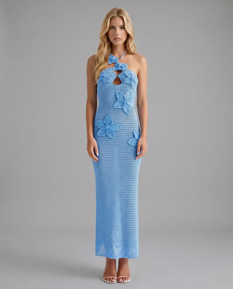 Kyla Crochet Halter Maxi Dress - Blue