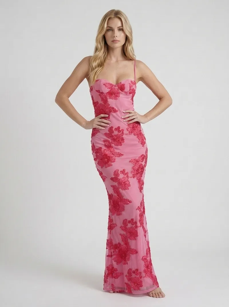 Chloe Floral Mesh Bodycon Maxi Dress - Pink